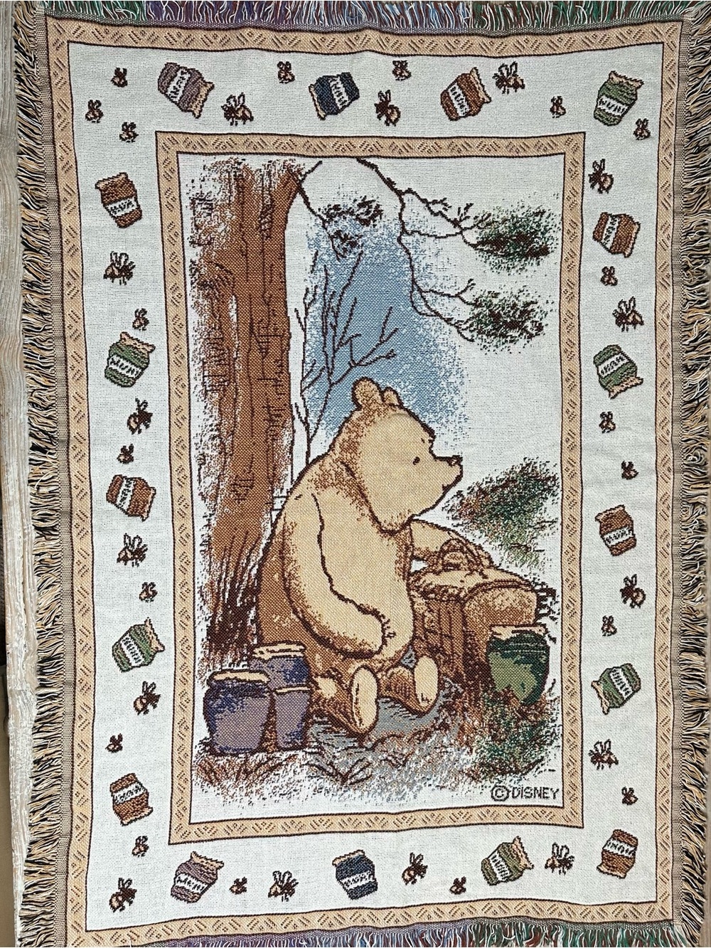 VTG Goodwin Weavers Disney Classic Winnie the Pooh Woven Tapestry Throw Blanket